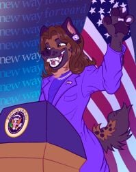 2024 4_fingers 5_fingers alternate_species american_flag anthro biped brown_body brown_eyes brown_fur brown_hair brown_tail claws clothed clothing dress ear_piercing ear_ring english_text female fingers fur furrification gem gesture hair hi_res hyena jewelry kamala_harris kamala_harris_(hyena) lectern looking_aside mammal necklace open_mouth open_smile pawpads pearl_(gem) pearl_necklace piercing politics purple_clothing purple_suit ring_piercing signature smile solo spotted_hyena suit tail teeth text tongue tuft united_states_of_america waving white_claws zenohyeeno