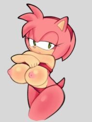 2022 accessory amy_rose anthro areola breasts clothed clothing clothing_lift eulipotyphlan female fingers green_eyes hair_accessory hairband hedgehog hi_res mammal narrowed_eyes nipples saiyaman22 sega shirt shirt_lift simple_background solo sonic_(series) sonic_the_hedgehog_(series) topwear