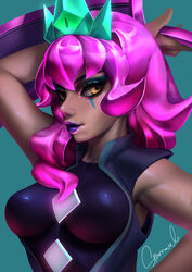 arcade_series battle_boss_qiyana league_of_legends lipstick makeup pink_hair qiyana_yunalai sparrowl tagme