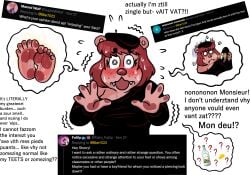 2022 5_toes absurd_res accent anthro bear beret blarf022 blush bodily_fluids clothing embarrassed english_text feet female foot_fetish foot_focus french_accent hat headgear headwear hi_res mammal musk pawpads q&a sherry_bear_(blarf022) smelly smelly_feet smelly_shoes sweat sweaty_feet text toes wide_eyed