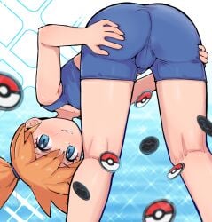 ass asymmetrical_hair bare_arms bent_over blue_eyes blue_shorts blush breasts cameltoe coin eyelashes female female_focus gen_1_pokemon gym_leader highres holding holding_poke_ball kasumi_(pokemon) kneepits kutabire legs looking_at_viewer looking_back misty's_coin_flip_(meme) nintendo orange_hair parted_lips poke_ball pokemon pokemon_frlg pokemon_rgby pokemon_tcg pokemon_tcg_pocket ponytail shiny_skin shirt short_hair short_shorts shorts side_ponytail sleeveless sleeveless_shirt smile solo sparkle teeth thighs