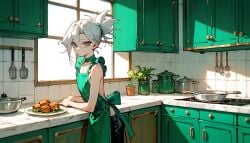 ai_generated apron blue_eyes character_sheet eyeliner eyeshadow femboy hair_tied hair_tied_back kitchen looking_at_viewer mila_matsumoto no_shirt oc original original_character ponytail white_hair