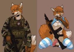 2024 anatomically_correct anatomically_correct_genitalia anatomically_correct_penis animal_genitalia animal_penis anthro athletic athletic_male balls blep boy_kisser_(meme) brown_nose bulletproof_vest camo camo_clothing camo_print canid canine canine_genitalia canine_penis cheek_tuft chest_tuft chromatic_aberration clothed clothing clothing_lift dipstick_ears dipstick_tail ear_markings erection facial_tuft femboy fox front_view fully_clothed genitals green_eyes gun hair hi_res holding_assault_rifle holster inner_ear_fluff jeanwoof kneeling knot legwear looking_at_viewer magazine_(gun) male male_anthro mammal markings meme military military_uniform modified_gun multicolored_ears nipples orange_hair patch_(fabric) pattern_clothing pattern_legwear pattern_thigh_highs penis pose scope seductive shirt shirt_lift short_hair soldier solo split_screen spread_legs spreading standing striped_clothing striped_legwear striped_thigh_highs stripes tail tail_markings thigh_highs tongue tongue_out topwear trigger_discipline tuft uniform warrior