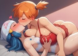 2girls ai_generated aioddity ass beanie blue_hair bra breast_grab breast_press breast_size_difference breasts breasts_bigger_than_head closed_eyes dawn_(pokemon) female female_only gigantic_breasts heart huge_breasts kasumi_(pokemon) kissing lingerie long_hair nail_polish on_back on_bed orange_hair panties pokemon pokemon_(anime) short_hair side_ponytail small_breasts sweat yuri