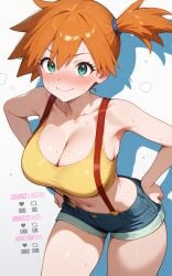 ai_generated armpits asymmetrical_hair bangs bare_arms bare_shoulders blue_shorts blush breasts clavicle cleavage closed_mouth clothing crop_top curvaceous denim denim_shorts eyelashes female female female_only gen_1_pokemon green_eyes gym_leader hair_between_eyes hair_tie hands_on_hips huge_breasts kasumi_(pokemon) kasumi_(pokemon) large_breasts leaning_forward legs looking_at_viewer midriff navel orange_hair pokemon pokemon_character pokemon_species ponytail shiny shiny_skin shirt short_hair short_shorts shorts side_ponytail sleeveless sleeveless_shirt smile solo standing stomach suspender_shorts suspenders sweat tank_top thick_thighs thighs tied_hair waifuinvoker wavy_mouth wet wide_hips yellow_shirt yellow_tank_top