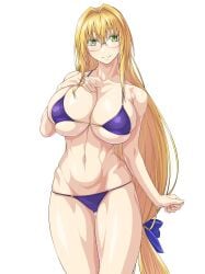 bikini blonde_hair blue_bikini blue_ribbon breasts cleavage cowboy_shot female glasses green_eyes hair_ribbon highres large_breasts long_hair low-tied_long_hair navel ozaneko ribbon solo swimsuit tearju_lunatique to_love-ru very_long_hair white_background