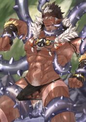 1boy abs after_sex bar_censor bara beard bellsaltr brown_hair bulge censor_bar censored censored_genitalia censored_penis chest cum cum_in_ass dark-skinned_male dark_skin facial_hair headband highres jewelry male_focus male_only muscle navel necklace nipples pectorals pointy_ears revealing_clothes shirtless solo spiked_hair tangaroa tattoo tentacle tentacles_with_male thick_thighs thighs tokyo_afterschool_summoners tokyo_houkago_summoners toned toned_male upper_body white_hair yellow_eyes