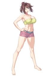 bare_legs bare_shoulders barefoot belt blue_eyes breasts brown_hair choker cleavage female grey_belt hand_on_own_hip highres large_breasts looking_at_viewer mazaki_anzu medium_hair midriff navel one_eye_closed open_mouth ozaneko pink_choker pink_shorts ponytail shirt shorts simple_background smile solo strapless sweat tube_top wet white_background yellow_shirt yu-gi-oh! yu-gi-oh!_duel_monsters yu-gi-oh!_the_dark_side_of_dimensions