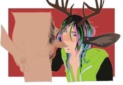 antlers aurora_(cocoach3rry) blowjob blue_eyes boys_love chester_(cocoach3rry) cum_in_mouth cum_on_face dyed_hair eye_contact femboy gir_hoodie hairy male/male messy_hair piercings pubes rabbit_ears scene_(fashion) scene_haircut snake_bites yaoi