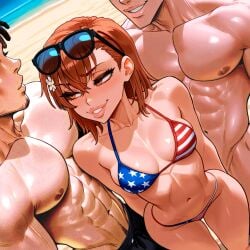 1girl2boys 1girls 2boys1girl 3rd_party_edit ai_generated american_flag_bikini beach big_ass big_lips bikini geasseros lips misaka_mikoto petite_female seductive_look shiny_skin slut sunglasses_on_head thick_lips to_aru_kagaku_no_railgun to_aru_majutsu_no_index usa_bikini wide_hips