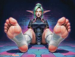 ai_generated barefoot elf elf_ears elf_female feet foot_fetish foot_focus gigatsu green_hair multicolored_hair sitting sole_female soles toes vaporwave yellow_eyes