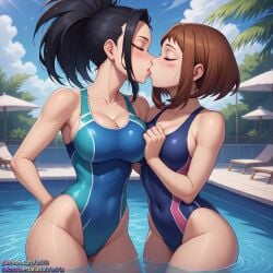 2girls ai_generated black_hair brown_hair kissing momo_yaoyorozu my_hero_academia ochako_uraraka one-piece_swimsuit osirix pool self_upload stable_diffusion swimsuit uraraka_ochako yuri