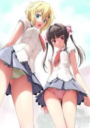 2girls akatsuki_kirika arms_at_sides ass_visible_through_thighs black_hair blonde_hair blue_eyes blue_skirt blue_sky blunt_bangs bow cameltoe day from_below green_panties hair_between_eyes hair_ornament hairclip highres looking_at_viewer lydian_academy_school_uniform multiple_girls necktie open_mouth outdoors panties pantyshot photoshop_(medium) pink_bow pink_panties red_necktie school_uniform senki_zesshou_symphogear shirt short_hair short_sleeves side-tie_panties skirt sky standing striped_clothes striped_panties tamahiyo tsukuyomi_shirabe twintails underwear upskirt white_shirt