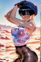 ai_generated desert hands_on_head headletzer holding_hat meryl_stryfe pantyhose see-through_clothing sweat sweating sweaty tagme trigun