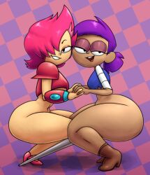 2021 2girls :3 alternate_version_at_source alternate_version_available bedroom_eyes big_ass bottomless cartoon_network checkered_background enid face_to_face female female_only from_side hair_over_one_eye holding_hands jigglytoons looking_at_viewer ok_k.o.!_let's_be_heroes pegleg pink_hair pinup ponytail prosthetic_leg purple_hair red_action red_hair smug smug_face soubriquetrouge squatting tagme thick_thighs yuri