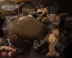 alcohol anthro apple balls barrel beer belly belly_inflation beverage big_balls big_belly big_penis biped bloated bodily_fluids burping dialogue drunk drunk_bubble erection food fruit genital_fluids genitals groan hand_on_belly hi_res holding_beverage holding_object huge_balls huge_belly huge_cock inflation kobold male musk musk_clouds nude open_mouth penis plant precum rumbling_stomach scalie schmuck solo speech_bubble substance_intoxication throbbing throbbing_penis tongue tongue_out