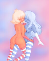 ass blue_hair blue_skin blush breasts cartoon_network duo female gem_(species) gloves nipples nude off_colors_(steven_universe) padparadscha_(steven_universe) sapphire_(steven_universe) smile steven_universe stockings striped_stockings striped_thighhighs thighhighs tofuoncracker