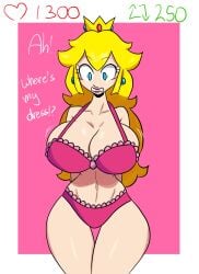 1girls 2d 2d_(artwork) belly_button big_breasts blonde_hair blue_eyes blush blush_lines bra breasts busty clothed clothed_female clothing crown earrings english_text female female_only full_comfort full_comfort_(strip_game) huge_breasts large_breasts light-skinned_female lipstick long_hair mario_(series) navel nervous nintendo panties pink_background pink_bra pink_panties princess_peach shocked shocked_expression slim_waist solo solo_female strip_game super_mario_bros. surprised surprised_expression text voluptuous white_background white_skin wide_hips