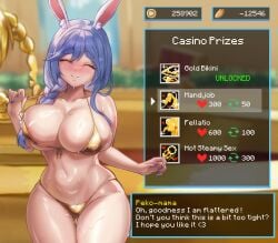 1girls animal_ears areola_slip bare_arms bare_shoulders bikini blue_hair blush braid breasts casino cleavage freeze-ex gameplay_mechanics gold_bikini hair_over_shoulder holocure hololive huge_breasts long_hair mature_female multicolored_hair pekomama rabbit_ears rabbit_girl rabbit_tail red_eyes shiny_skin smile solo_focus sweat swimsuit tail two-tone_hair user_interface virtual_youtuber white_hair