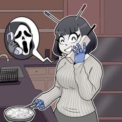 android beepo_(chunkymoon) black_hair blue_body blue_eyes cooking ghostface machine robot robot_girl