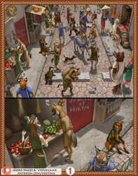 agatha_(vestina) alcohol ancient ancient_furry_art anthro apple armor asinus aurochs avian axe badger barrel basket beer beverage bird bovid bovine brown_body brown_fur butcher camel camelid canid canine canis capreoline caprine caracal caracal_(genus) cervid clothed clothing columbid comic coyote crowd crowded detailed detailed_background dialogue domestic_cat domestic_dog donkey dress english_text equid equine felid feline felis female feral fish food fox fruit fur furry_rome goat graffiti group guardian hi_res horse hyaenid leash leopard lion male mammal marine market meat melee_weapon mustelid musteline page_1 pantherine pigeon plant praetorian roe_deer roman roman_clothing roman_empire servius_(vestina) spots street suid suina sus_(pig) text tiger toga tunic umbrella url ursid vegetable vestina wall_(disambiguation) weapon wild_boar wolf wolverine