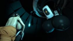 16:9 3d_(artwork) ass big_breasts big_butt breasts chell clothed clothing digital_media_(artwork) duo female furrypornenjoyer glados holding_object holding_weapon huge_breasts human machine mammal portal_(series) robot source_filmmaker_(artwork) topless valve weapon widescreen