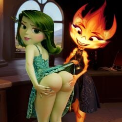 2girls ai_generated ass bare_ass black_dress clothed clothed_female crossover disgust_(inside_out) disney dress dress_lift elemental_(pixar) elemental_humanoid ember_lumen exposed_ass eyelashes female female/female female_focus female_only fire fire_body fire_elemental fire_girl fire_humanoid fully_clothed fully_clothed_female green_body green_dress green_eyes green_hair green_skin hand_on_another's_ass hand_on_ass hand_on_own_ass indoors inside inside_out lifting_clothing lifting_dress looking_at_viewer looking_back makeup no_panties orange_body orange_eyes pixar sleeveless sleeveless_dress smile standing uzzlegorf