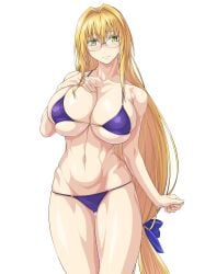 bikini blonde_hair blue_bikini blue_ribbon blush blushing blushing_at_viewer breasts cleavage cowboy_shot female glasses green_eyes hair_ribbon highres large_breasts long_hair low-tied_long_hair navel ozaneko ribbon solo swimsuit tearju_lunatique to_love-ru very_long_hair white_background