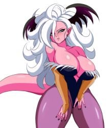 1girls android_21 android_21_(good) big_breasts blue_eyes blush breasts cosplay darkstalkers darwaarts dragon_ball dragon_ball_fighterz female female_only head_wings huge_breasts large_breasts long_hair morrigan_aensland_(cosplay) pink_skin source_request tail thick_thighs white_hair