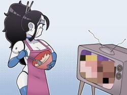 android apron beepo_(chunkymoon) black_hair blue_body blue_eyes cooking machine robot robot_girl tv