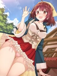 ahoge arm_at_side ass_visible_through_thighs atelier_(series) atelier_sophie baakurou blue_sky blush breasts brown_eyes brown_hair cameltoe cloud cloudy_sky coat collarbone collared_coat commentary_request corset covered_nipples cowboy_shot day dutch_angle fanbox_reward female frilled_skirt frills from_below green_coat hand_up headscarf high-waist_skirt highres house legs legs_together long_coat long_sleeves medium_breasts microskirt miniskirt nose_blush open_clothes open_coat open_mouth outdoors paid_reward panties pantyshot pleated_skirt red_skirt shirt side-tie_panties skirt sky smile solo sophie_neuenmuller standing sweat tearing_up tears tree underwear upskirt waving wavy_mouth white_shirt wide_sleeves