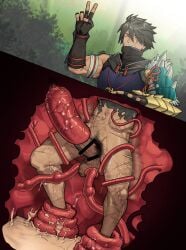 1boy absorption arima_(arima_bn) arima_bn armband armor assimilation balls bara biceps big_balls big_penis bottomless bound_feet bound_legs capcom censor_bar censored censored_penis chainmail chest_plate closed_eyes cross_section cum cum_pool cum_puddle erection excessive_pubic_hair fingerless_gloves fluids gay gloves green_hair hi_res hood hood_down kankaku_shadan laugh leg_hair male male_only master_utsushi milking milking_cum milking_tentacles monster_hunter monster_hunter_rise mucus muscles muscular muscular_arms muscular_male necklace outdoors peace_sign pretending pubic_hair scar scar_on_cheek scar_on_face scar_on_leg scar_on_stomach scars_all_over semen short_hair shoulder_pads sleeveless standing sucking sucking_penis sucking_testicles tentacle tentacle_bondage tentacle_sex thick_cum thick_penis thick_thighs torn_clothes trapped unawareacles very_high_resolution yaoi