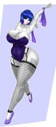 1girls ballerina ballet_slippers ballora ballora_(fnafsl) blue_eyeshadow blue_hair blush female fishnets five_nights_at_freddy's five_nights_at_freddy's:_sister_location five_nights_in_anime flophit hair_bun huge_breasts leotard looking_at_viewer open_mouth purple_cheeks purple_eyes simple_background solo white_skin wink