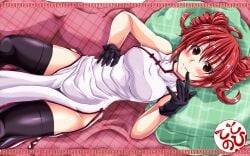 1female black_gloves breasts drill_hair kasane_teto red_cheeks red_eyes red_hair utau