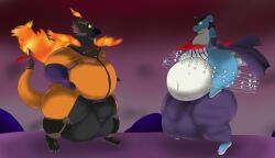 alythewolfcat anthro battle belly big_belly big_bulge body_hair bulge charizard chest_hair detailed_bulge duo generation_1_pokemon genital_outline gigantamax_pokemon gilbert_freeman hi_res huge_bulge hyper hyper_bulge lapras male nintendo overweight overweight_male penis_outline pokemon pokemon_(species)