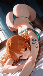 ai_generated ass ass_focus ass_up lingerie lingerie_panties nami_(one_piece) one_piece orange_hair stockings string string_panties tattoo