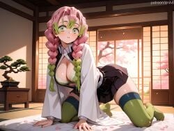 1girls ai_generated all_fours anilvl architecture bangs belt black_skirt blush bra braid breasts cherry_blossoms cleavage collared_shirt demon_slayer demon_slayer_uniform east_asian_architecture full_body gradient_hair green_bra green_eyes green_hair green_thighhighs haori indoors japanese_clothes kanroji_mitsuri kimetsu_no_yaiba large_breasts long_hair long_sleeves looking_at_viewer miniskirt mole mole_under_each_eye mole_under_eye multicolored_hair multiple_moles no_shoes open_clothes open_shirt parted_lips partially_unbuttoned petals pink_hair plant pleated_skirt ribbed_legwear ribbed_thighhighs shirt shouji skindentation skirt sliding_doors solo tatami thighhighs thighs tree twin_braids two-tone_hair underwear white_belt white_shirt zettai_ryouiki