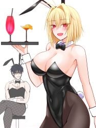 1boy 1girls alternate_breast_size alternate_version_available arcueid_brunestud big_breasts black_hair blonde_hair breasts bunny_ears bunny_suit bunnysuit chest_scar cleavage crossed_legs crossing_legs cuffs drinks female female_only flustered glasses holding_object huge_breasts large_boobs large_breasts looking_at_viewer melty_blood muscular_male pantyhose plump short_hair sitting solo sweating thick thick_hips thick_thighs tohno_shiki tsukihime type-moon vampire vampire_girl waitress wide_hips