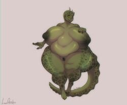 6:5 absurd_res anthro argonian ass belly big_belly big_breasts big_butt breasts female green_body hand_on_breast hi_res horn lionmom looking_at_viewer lying microsoft nakeen-warei non-mammal_breasts obese obese_female on_back overweight overweight_female presenting scalie smile solo the_elder_scrolls