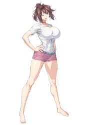 bare_legs barefoot belt blue_eyes breasts brown_hair choker cleavage covered_navel female grey_belt hand_on_own_hip highres large_breasts looking_at_viewer mazaki_anzu medium_hair one_eye_closed open_mouth ozaneko pink_choker pink_shorts ponytail shirt short_sleeves shorts simple_background smile solo sweat wet white_background white_shirt yu-gi-oh! yu-gi-oh!_duel_monsters yu-gi-oh!_the_dark_side_of_dimensions