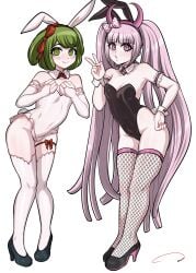 2girls aldharoku armband bare_shoulders blush bow bunny_ears bunny_tail bunnysuit danganronpa danganronpa_ultra_despair_girls diadem elbow_gloves female female_only fishnet_legwear fishnets gloves green_eyes green_hair hairbow hand_on_hip heels legwear long_hair peace_sign pink_eyes pink_hair short_hair stockings thigh_strap thighhighs towa_monaca twintails utsugi_kotoko white_legwear