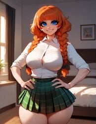 1girls ai_generated big_ass big_breasts blue_eyes braid braided_hair curvy curvy_figure cute cute_face freckles light-skinned_female light_skin melony_(xandr) red_hair schoolgirl shirt thick thick_ass thick_legs thick_thighs twin_braids xandr young younger_female