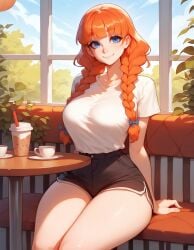 1girls ai_generated big_ass big_breasts blue_eyes braid braided_hair curvy curvy_figure cute cute_face freckles light-skinned_female light_skin melony_(xandr) red_hair schoolgirl shirt thick thick_ass thick_legs thick_thighs twin_braids xandr young younger_female