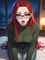 1girls ai_generated artstyle_imitation ass breasts brown_eyes character_request emotionless eyelashes eyeshadow female glasses goth jeans light-skinned_female long_hair medium_breasts night night_sky pale-skinned_female petite red_hair saliva seductive seductive_look straight_hair thiccwithaq_(ai_style) thick_ass thick_legs thick_lips thick_thighs thighs thin_female thin_waist tongue voluptuous voluptuous_female xandr yellow_eyes young younger_female