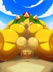 2020 anthro ass balls bodily_fluids bowser genital_fluids genitals hair hi_res humanoid_genitalia humanoid_penis kartos koopa lying male male_only mario_(series) nintendo on_front penis precum rear_view red_hair scalie shell sky solo spiked_shell spikes spikes_(anatomy) video_games yellow_body