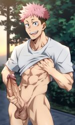 1boy ai_generated big big_penis holding_penis itadori_yuuji jujutsu_kaisen muscular_male naked pink_hair