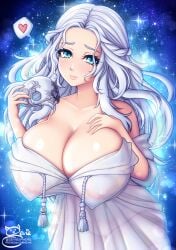 areolae blue_eyes blush breasts cleavage dress female_only final_fantasy_xiv huge_breasts long_hair mask nipples see-through sevie smile solo venat_(ffxiv) white_hair