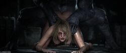 1female 3d ashley_graham ashley_graham_(ella_freya) blonde_hair breasts corrupted corruption hanging_breasts infected large_breasts las_plagas lunex3d monster nipples on_all_fours plow_pose red_eyes regenerator_(resident_evil) resident_evil resident_evil_4 resident_evil_4_remake short_hair