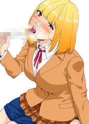 1boy 1girls angry blonde_hair blowjob brown_eyes censored clothed cum_in_mouth faceless_male fellatio jyura midorikawa_hana mosaic_censoring penis prison_school small_penis tongue tongue_out uniform