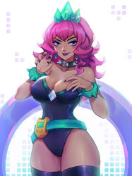 1girls arcade_series battle_boss_qiyana black_claws blue_belt blue_bracelet blue_earrings blue_eyes bracelets breasts collar crown female kezi league_of_legends pink_hair purple_lipstick qiyana_yunalai simple_background solo solo_female solo_focus spiked_collar tagme thick_thighs thighs tight_clothing white_background wide_hips